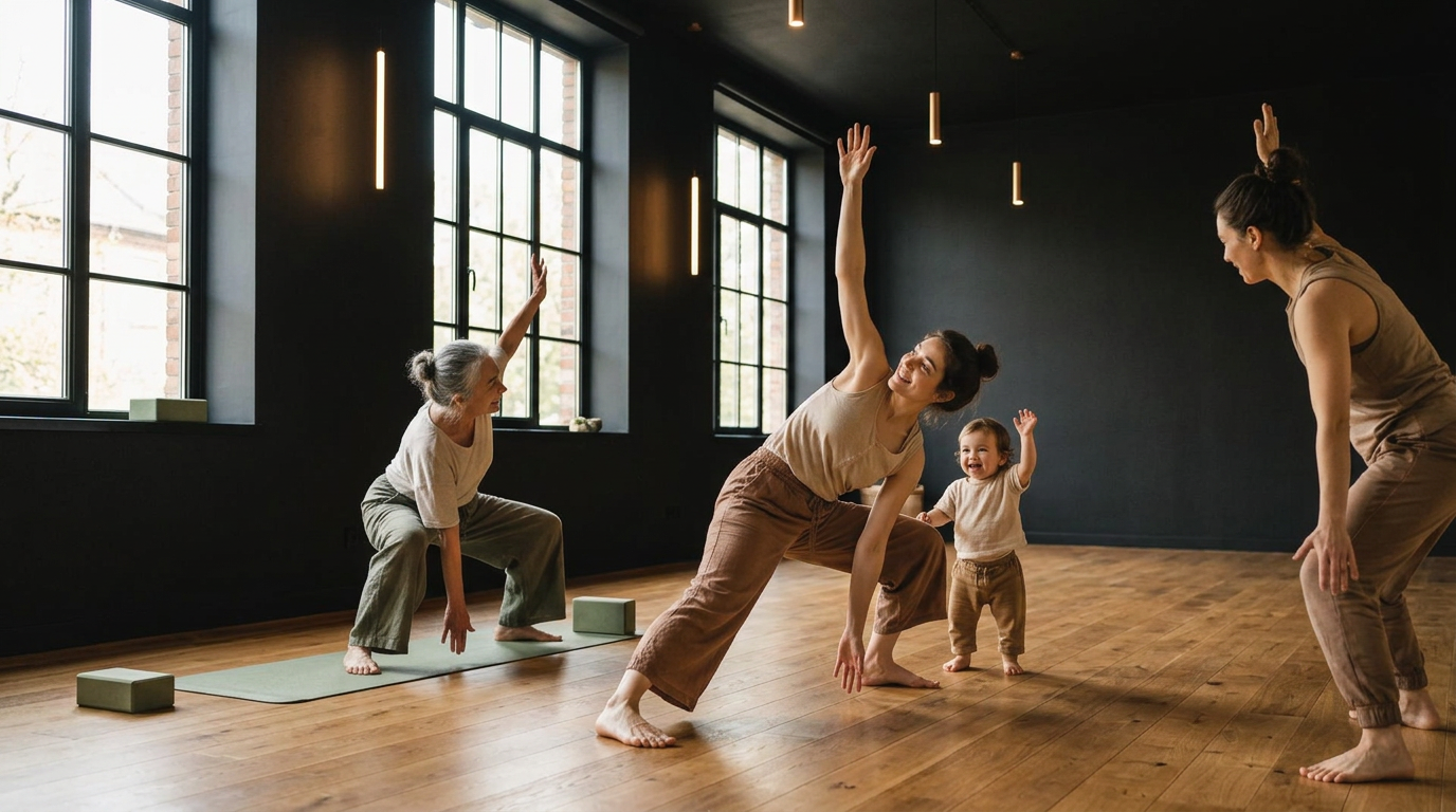 A grandmother, mother, and toddler moving together in a warm studio